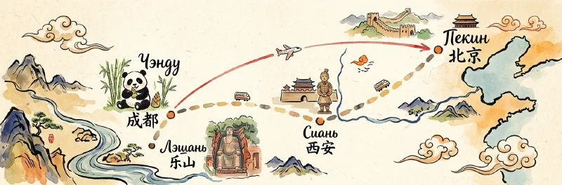 На реальной карте маршрут — почти прямая линия на 1500 км с северо-востока на юго-запад. Общий путь ~3000 км.